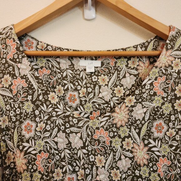 J Jill TierMaxi Floral Dress Women L Boho Khaki Green Slvless Cottage core Chic - Picture 4 of 14